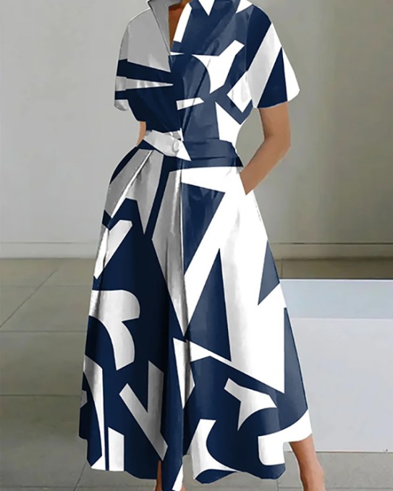 Short Sleeves Printed Lapel Maxi Dresses