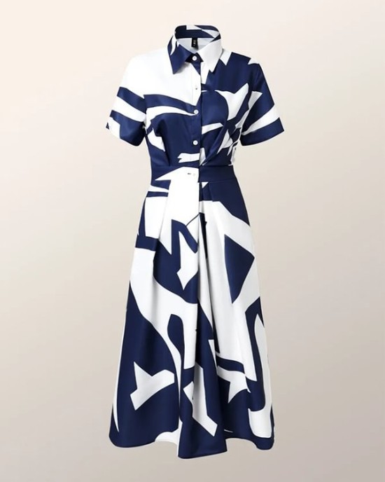 Short Sleeves Printed Lapel Maxi Dresses