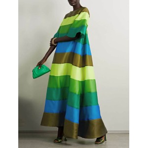 Flared Sleeves Half Sleeves Backless Contrast Color Multi-Colored Striped Round-neck Maxi Dresses