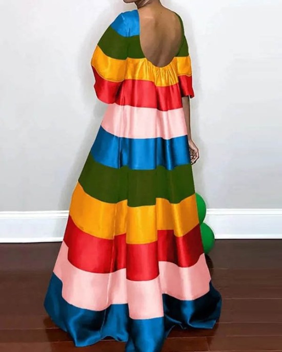 Flared Sleeves Half Sleeves Backless Contrast Color Multi-Colored Striped Round-neck Maxi Dresses