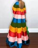 Flared Sleeves Half Sleeves Backless Contrast Color Multi-Colored Striped Round-neck Maxi Dresses