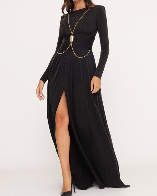 Long Sleeves Backless No Body Chain Pleated Solid Color Tied Waist Maxi Dresses