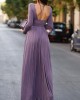 Long Sleeves Backless No Body Chain Pleated Solid Color Tied Waist Maxi Dresses