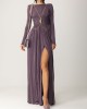 Long Sleeves Backless No Body Chain Pleated Solid Color Tied Waist Maxi Dresses