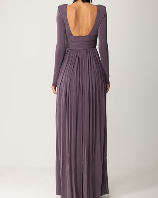 Long Sleeves Backless No Body Chain Pleated Solid Color Tied Waist Maxi Dresses