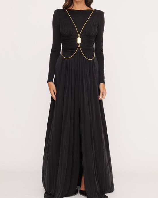 Long Sleeves Backless No Body Chain Pleated Solid Color Tied Waist Maxi Dresses