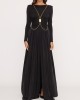 Long Sleeves Backless No Body Chain Pleated Solid Color Tied Waist Maxi Dresses