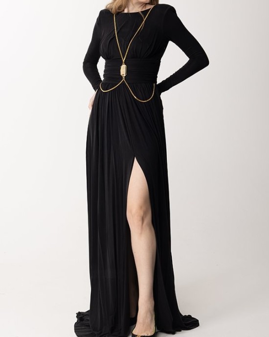 Long Sleeves Backless No Body Chain Pleated Solid Color Tied Waist Maxi Dresses