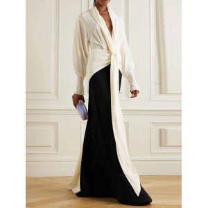 Contrast Color Long Sleeves Loose V-neck Maxi Dresses Evening Dresses