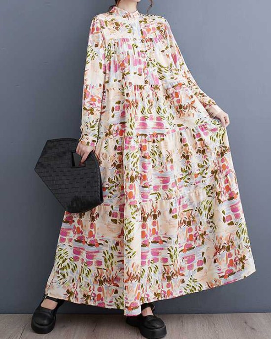 Pleated Printed Split-Joint Long Sleeves Loose Stand Collar Shirt Dress Midi Dresses