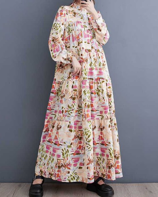 Pleated Printed Split-Joint Long Sleeves Loose Stand Collar Shirt Dress Midi Dresses