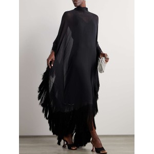 Batwing Sleeves Loose See-Through Solid Color Tasseled Mock Neck Maxi Dresses