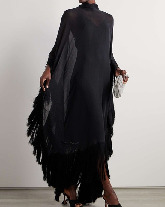 Batwing Sleeves Loose See-Through Solid Color Tasseled Mock Neck Maxi Dresses