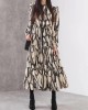 Elasticity Hollow Printed Split-Joint Tied Long Sleeves Loose Mock Neck Midi Dresses