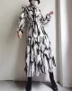 Elasticity Hollow Printed Split-Joint Tied Long Sleeves Loose Mock Neck Midi Dresses