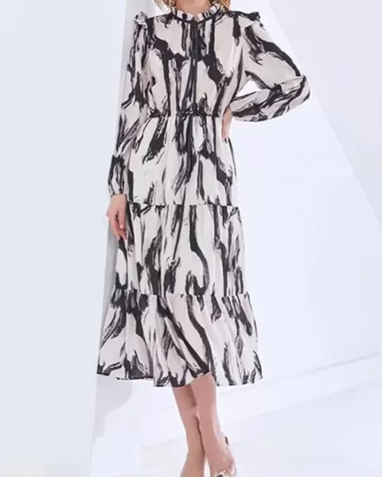 Elasticity Hollow Printed Split-Joint Tied Long Sleeves Loose Mock Neck Midi Dresses