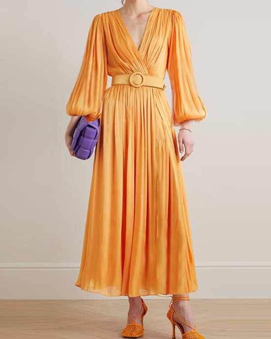 Belted Pleated Solid Color High Waisted Long Sleeves V-Neck Maxi Dresses