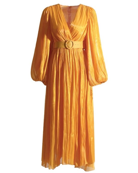 Belted Pleated Solid Color High Waisted Long Sleeves V-Neck Maxi Dresses