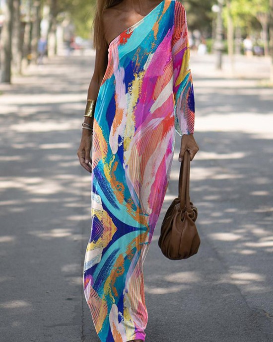 Long Sleeves Loose Asymmetric Elasticity Printed Split-side One-shoulder Maxi Dresses