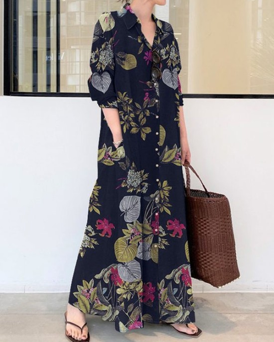 Printed Split-Joint Loose Plus Size Lapel Shirt Dress Maxi Dresses