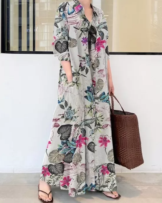 Printed Split-Joint Loose Plus Size Lapel Shirt Dress Maxi Dresses