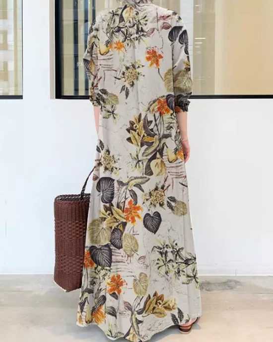 Printed Split-Joint Loose Plus Size Lapel Shirt Dress Maxi Dresses