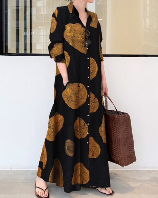 Printed Split-Joint Long Sleeves Loose Lapel Shirt Dress Maxi Dresses