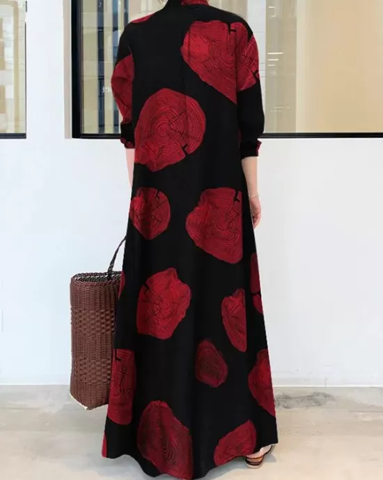 Printed Split-Joint Long Sleeves Loose Lapel Shirt Dress Maxi Dresses