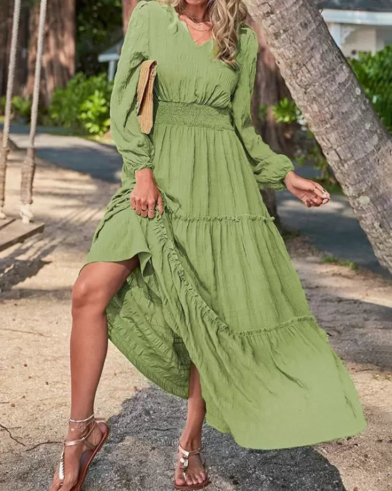 Elasticity Solid Color Split-Joint A-Line Long Sleeves V-Neck Maxi Dresses