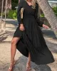 Elasticity Solid Color Split-Joint A-Line Long Sleeves V-Neck Maxi Dresses