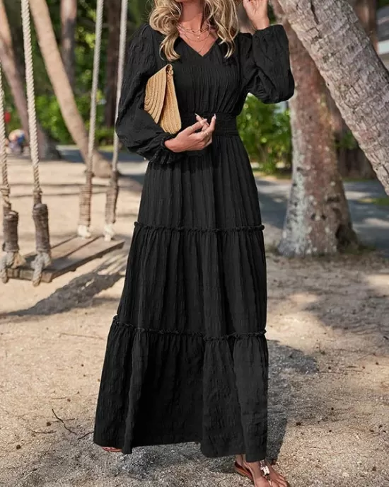 Elasticity Solid Color Split-Joint A-Line Long Sleeves V-Neck Maxi Dresses