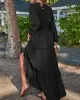 Elasticity Solid Color Split-Joint A-Line Long Sleeves V-Neck Maxi Dresses