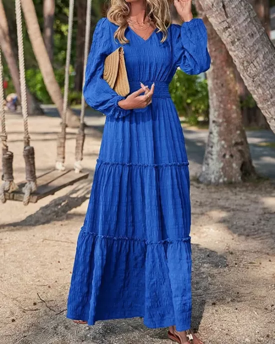 Elasticity Solid Color Split-Joint A-Line Long Sleeves V-Neck Maxi Dresses