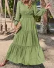 Elasticity Solid Color Split-Joint A-Line Long Sleeves V-Neck Maxi Dresses