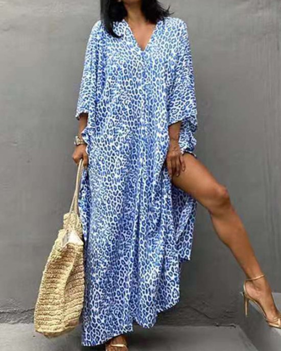 Leopard Split-Side Sun Protection Batwing Sleeves Loose V-Neck Maxi Dresses Cover-Ups Swimwear