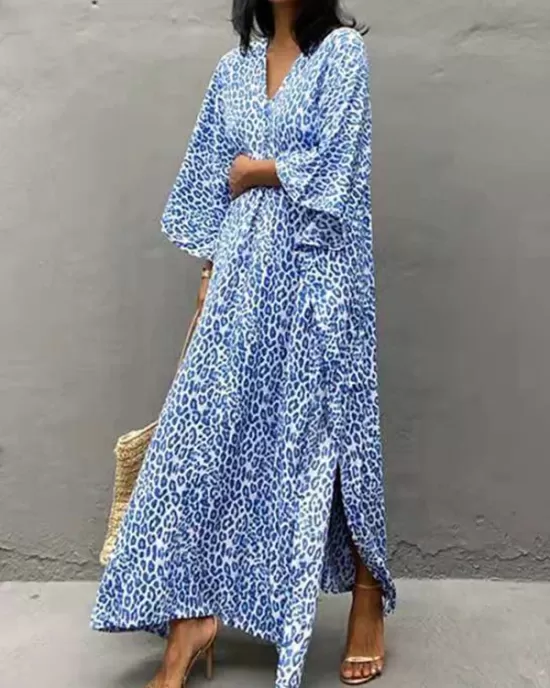 Leopard Split-Side Sun Protection Batwing Sleeves Loose V-Neck Maxi Dresses Cover-Ups Swimwear