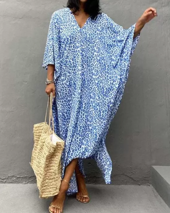 Leopard Split-Side Sun Protection Batwing Sleeves Loose V-Neck Maxi Dresses Cover-Ups Swimwear