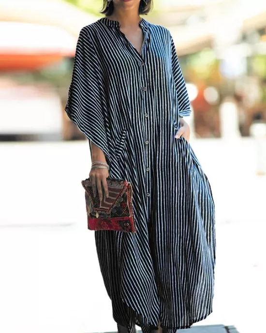 Buttoned Pockets Striped Batwing Sleeves Half Sleeves Round-Neck Maxi Dresses Beach Cover-Up