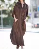 Buttoned Pockets Striped Batwing Sleeves Half Sleeves Round-Neck Maxi Dresses Beach Cover-Up