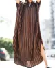 Buttoned Pockets Striped Batwing Sleeves Half Sleeves Round-Neck Maxi Dresses Beach Cover-Up