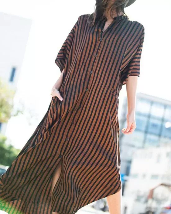 Buttoned Pockets Striped Batwing Sleeves Half Sleeves Round-Neck Maxi Dresses Beach Cover-Up