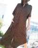 Buttoned Pockets Striped Batwing Sleeves Half Sleeves Round-Neck Maxi Dresses Beach Cover-Up