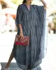 Buttoned Pockets Striped Batwing Sleeves Half Sleeves Round-Neck Maxi Dresses Beach Cover-Up