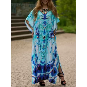 Butterfly Print Split-side Batwing Sleeves Loose V-neck Maxi Dresses Beach Cover-Up