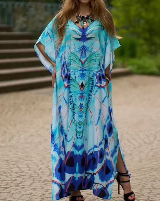 Butterfly Print Split-side Batwing Sleeves Loose V-neck Maxi Dresses Beach Cover-Up