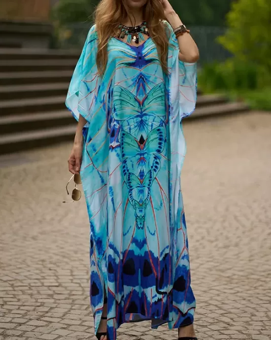 Butterfly Print Split-side Batwing Sleeves Loose V-neck Maxi Dresses Beach Cover-Up