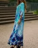 Butterfly Print Split-side Batwing Sleeves Loose V-neck Maxi Dresses Beach Cover-Up