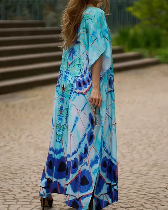 Butterfly Print Split-side Batwing Sleeves Loose V-neck Maxi Dresses Beach Cover-Up