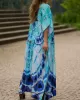 Butterfly Print Split-side Batwing Sleeves Loose V-neck Maxi Dresses Beach Cover-Up