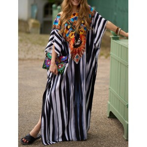 Printed Split-side Striped Batwing Sleeves Loose V-neck Maxi Dresses Beach Cover-Up